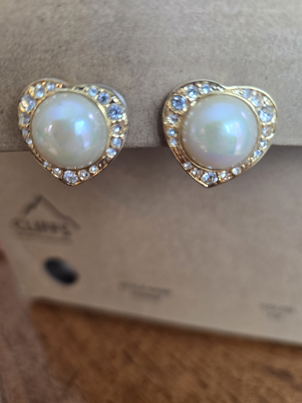 Goldtone Heart Shaped Pearl & Crystal Clip On Earrings